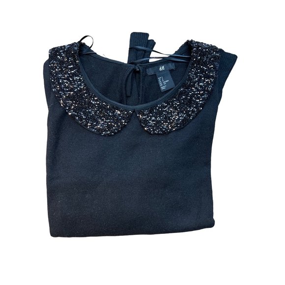 H&M Black Top Sweater Sequined Sparkling Peter Pan Collar Blouse - Picture 5 of 8
